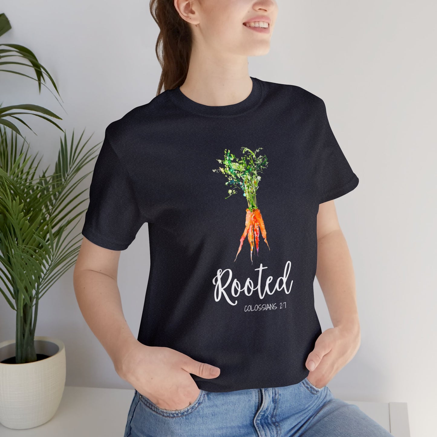 Rooted T-Shirt | Watercolor Carrot | Colossians 2:7 Unisex T-Shirt - Bella Canvas