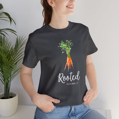 Rooted T-Shirt | Watercolor Carrot | Colossians 2:7 Unisex T-Shirt - Bella Canvas