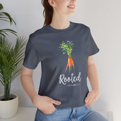 Rooted T-Shirt | Watercolor Carrot | Colossians 2:7 Unisex T-Shirt - Bella Canvas