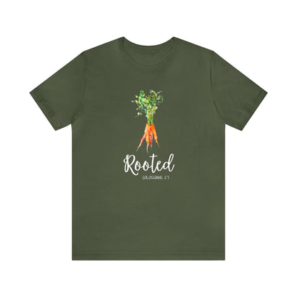 Rooted T-Shirt | Watercolor Carrot | Colossians 2:7 Unisex T-Shirt - Bella Canvas