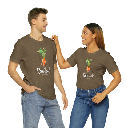 Rooted T-Shirt | Watercolor Carrot | Colossians 2:7 Unisex T-Shirt - Bella Canvas
