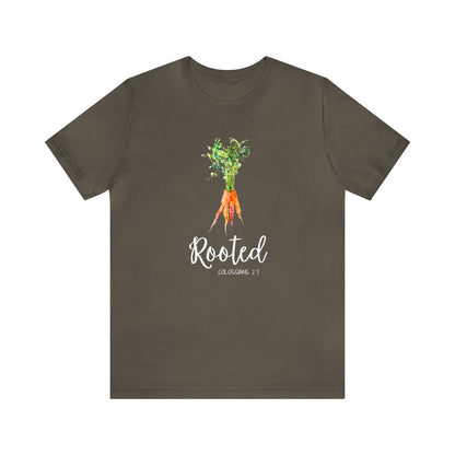 Rooted T-Shirt | Watercolor Carrot | Colossians 2:7 Unisex T-Shirt - Bella Canvas
