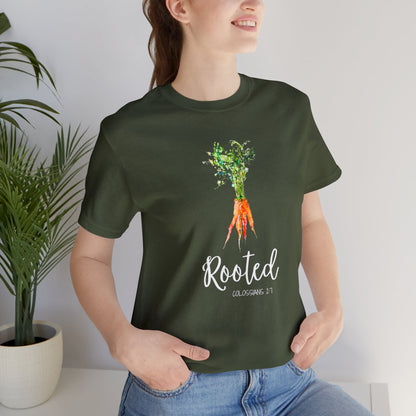 Rooted T-Shirt | Watercolor Carrot | Colossians 2:7 Unisex T-Shirt - Bella Canvas