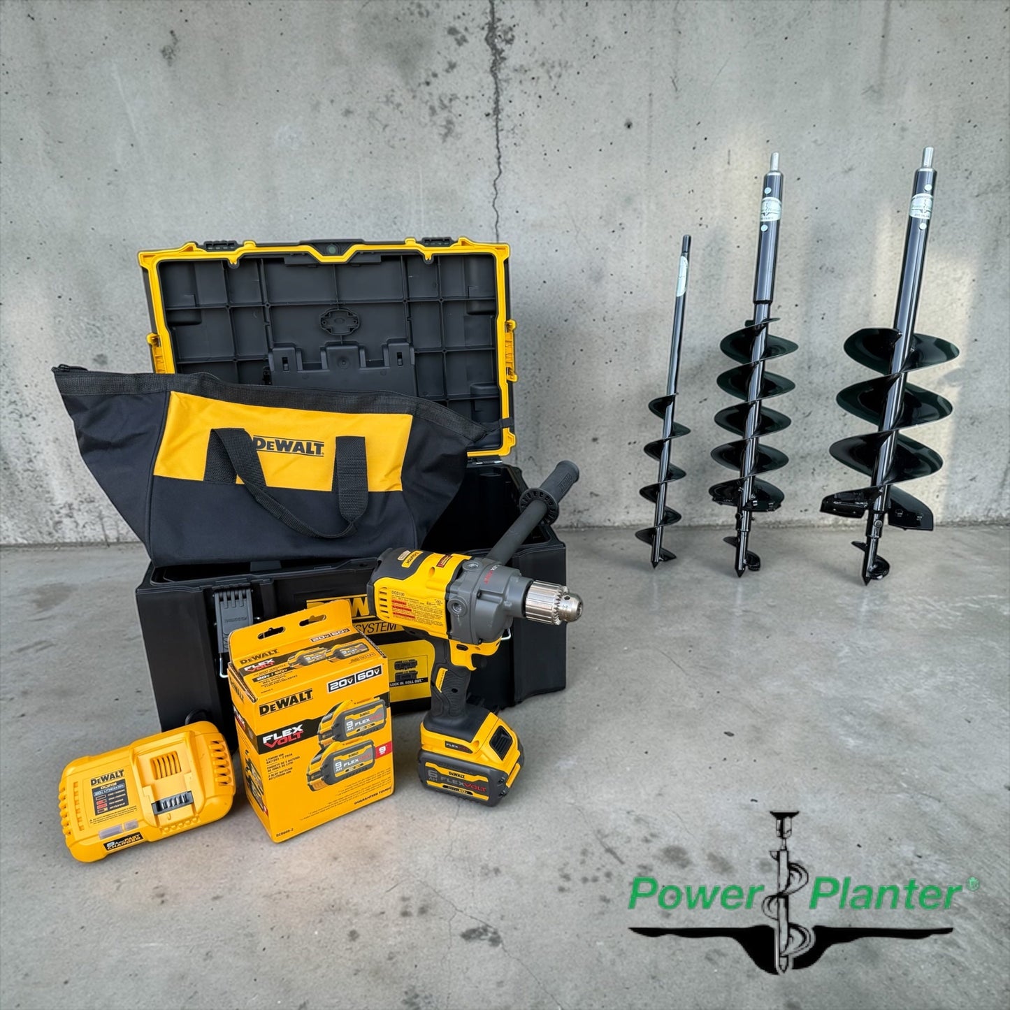 Ultimate Professional Landscape Auger Complete Bundle (Heavy Duty Tips) DEWALT DCD130T1 60V MAX* , 3"x 24", 5"x 28" and 7"x 28")